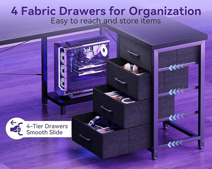AODK 53" L Shaped Gaming Desk with 4 Drawers and Power Outlets, Black | USB Ports, PC Tower Stand, Hooks, Reversible Corner Layout for Gaming Rooms, Bedrooms and Home Office