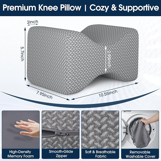 BlissTrends Memory Foam Knee Pillow, Knee Pillow for Side Sleepers, Leg Pillows for Sleeping Blood Circulation, Elevation Pillow for Spine Aligning, Sciatica, Back, Hip, Knee, Ankle Pain, Grey