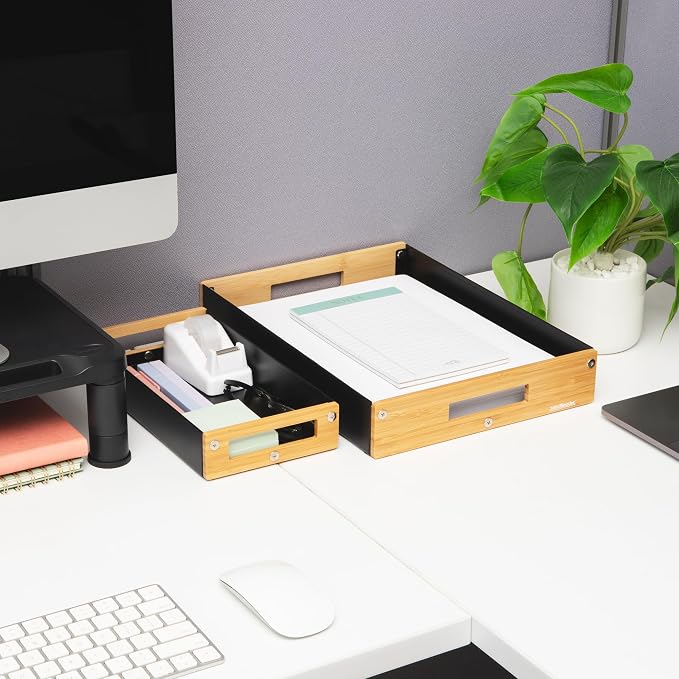 Mind Reader Metal and Wood Tiered Desktop Organizer Trays with Cutout Handles, Stackable Office Storage, Office, Entryway, Coffee Station and Home Organization, Metal and Wood, Set of 2, Black