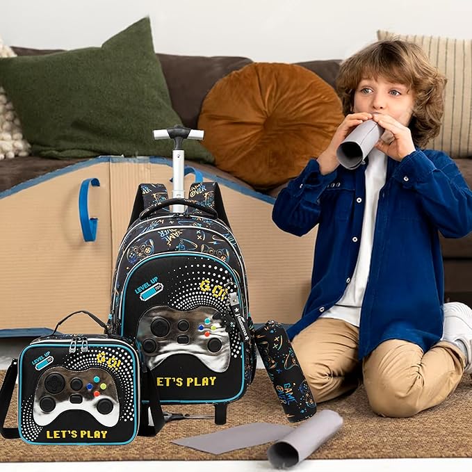 Boys Rolling Backpack for School Backpack with Wheels for Kids Roller Backpacks for Kids Backpacks with Lunch Box Pencil Case for Elementary Back to School Supplies