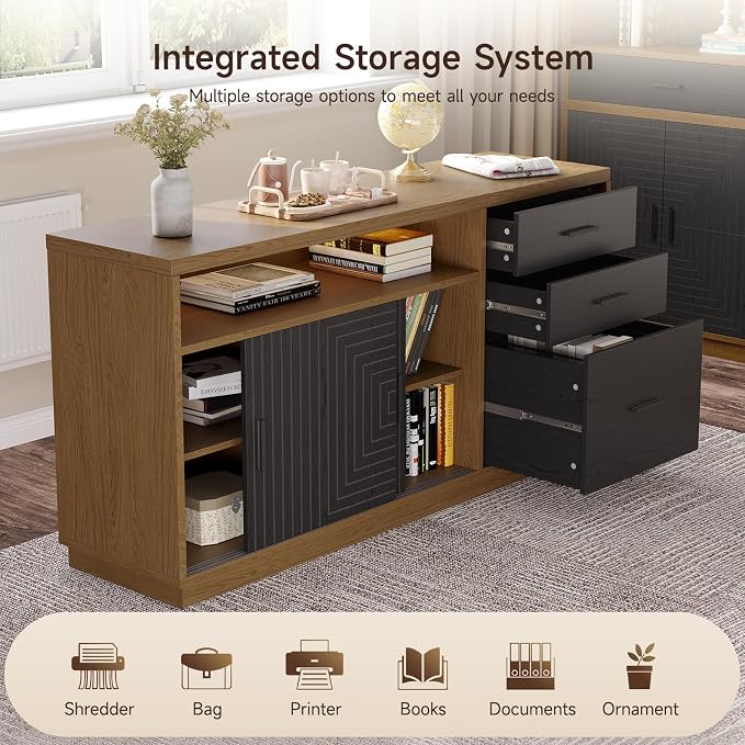 ONBRILL 63" Electric Standing Desk with 55" File Cabinet, Adjustable Height Home Office Furniture Set with Monitor Stand and 3 Drawers, Executive Workstationfor Home Office, Oak Brown