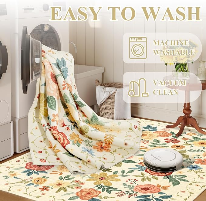 DUKINO Runner Rug for Hallway, 2.6x10 Washable Floral Long Kitchen Rug with Non Slip Backing, Lightweight & Stain Resistant Runners for Indoor Entrance, Laundry, Living Room, Bedroom, Beige Yellow