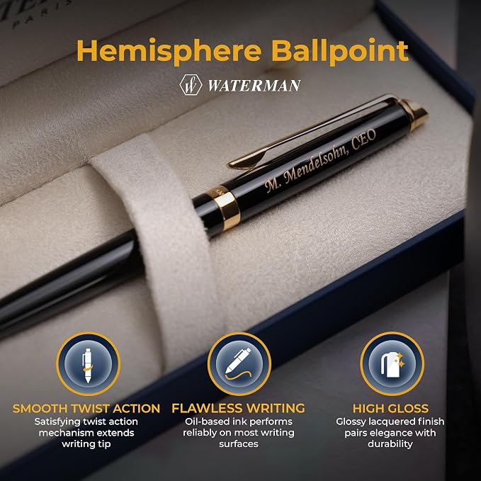 Waterman Hemisphere Engraved Ballpoint Pen, Black Lacquer with 23K Gold Trim, Twist Action, Personalized Gift for Executives, Retirement, Board Members, Career Advancement, Gift Box Included