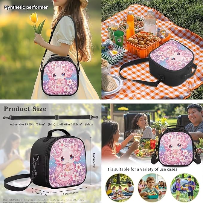 Cherry Blossoms Axolotl Girls School Backpack Set 4 PCS, 17 Inch Cute Cartoon Bookbag with Insulated Lunch Bag for Kids Ages 6-8 Elementary Back to School Supplies