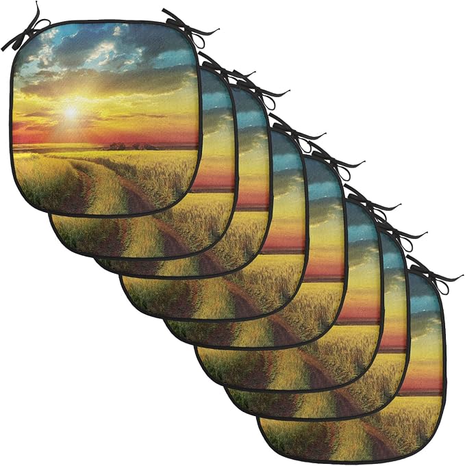 Lunarable Rural Chair Cushion Pads Set of 8, Sunset Over Field Sun Bursting Through Colored Dramatic Clouds Scenic Picture, Anti-Slip Seat Padding for Kitchen & Patio, 16"x16", Orange and Yellow