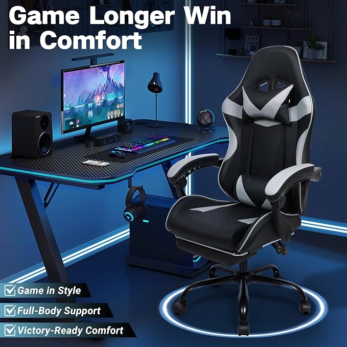 Gaming Chair with Footrest and Lumbar Support, Height Adjustable Chair with 360°Office Desk Chair,Heavy Duty 330lbs Computer Chair for Adults