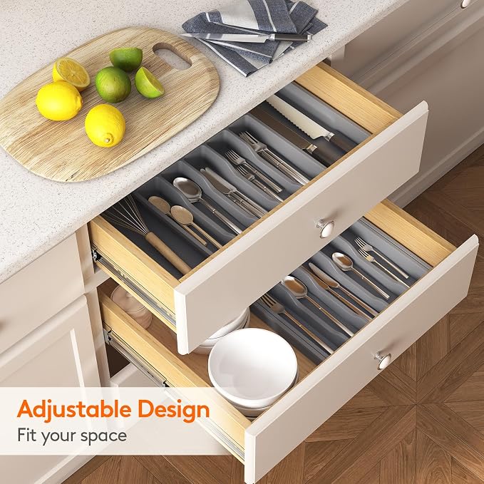 Lifewit Silverware Drawer Organizer, Expandable Utensil Tray for Kitchen, BPA Free Flatware and Cutlery Holder, Adjustable Plastic Storage for Spoons Forks Knives, 13-22 x 15", Grey