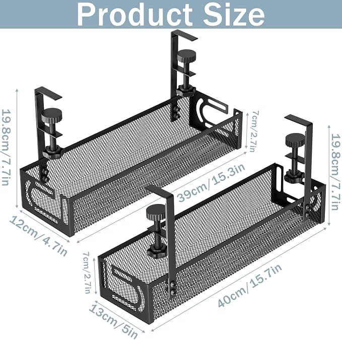 Cable Management, 2 Pack Cable Management Under Desk No Drill, Metal Cord Organizer with Clamp for Standing Desk, Cable Organizer for Home Office, Black