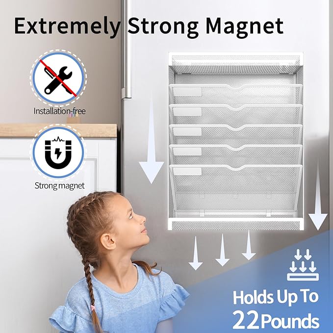 7 Tier Magnetic File Holder, No Drilling Wall File Organizer for File Cabinets Whiteboard Refrigerator,Office,Classroom, Hanging Paper Folder Holder, White