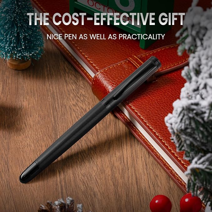 Origin-Joy Luxury Metal Pen Set, Professional Executive Heavy Nice Gift Pen with 3 Rollerball Refills 0.7mm for Men (Black, Capped & Diamond Fluted)