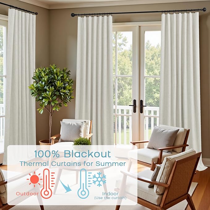KOUFALL 92 Inch Linen Blackout Curtains, Thermal Insulated Room Darkening Drapes for Living Room Bedroom Large Window Floor Length 2 Panel Set, 52" W x 92" L, Cream Beige