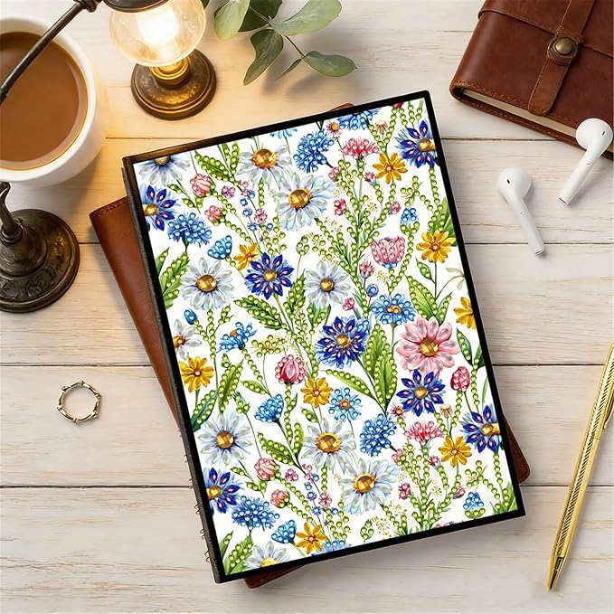 FRANDEK Diamond Art Painting Notebook Kit, Flower Bush A5 DIY Journal with 50 Blank Pages, Crystal Rhinestone Cover with Waterproof Canvas, Beginner Craft Set with Full Tools for Adults