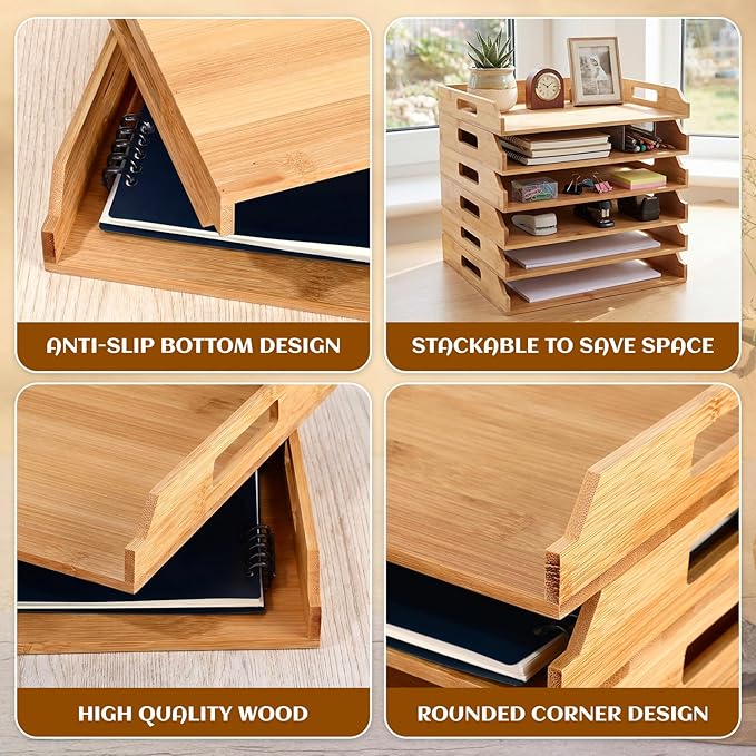 6 Pcs Stackable Paper Tray Bamboo Wood Desk Organizer Letter Tray 6 Tier Wooden File Organizer Desk Shelf for Documents, Letter Sorter, Envelopes and Magazine Holder