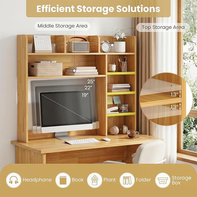 Tangkula Desktop Bookshelf with LED Lights, Desk Hutch with 8 Shelves for Max 25" Monitor, Desktop 5-Tier Display Rack, Wood Desktop Storage Hutch Organizer for Dorm Office Home, Burlywood
