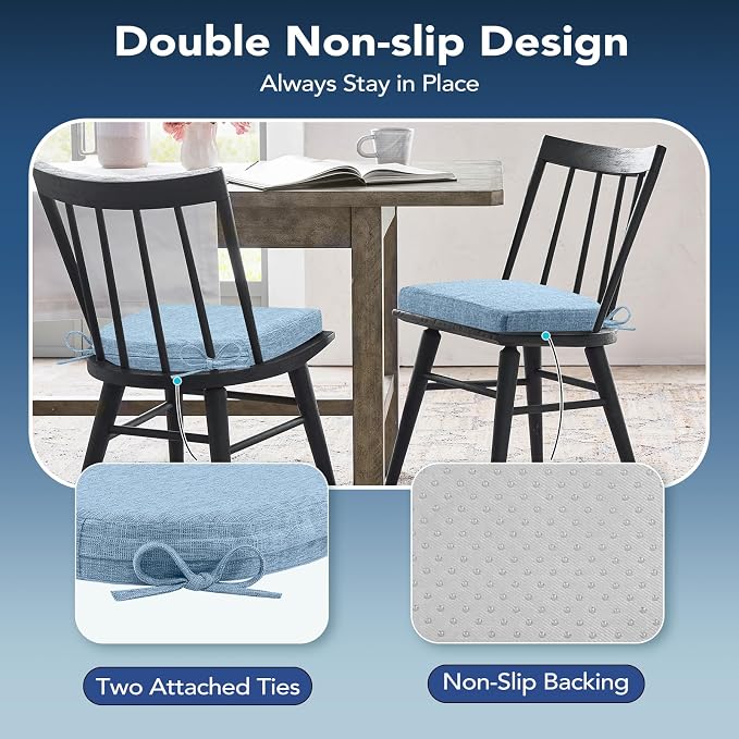Chair Cushions for Dining Chairs, Non Slip Chair Pads with Ties and Covers, Memory Foam Kitchen Chair Cushions Set of 6, 16"X16"X2.5", Light Blue