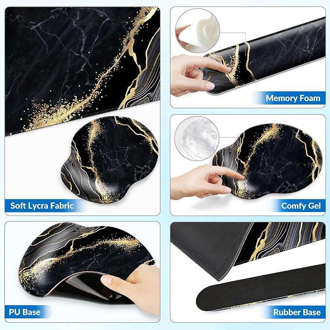 Desk Mat Set + Keyboard and Mouse Pad with Wrist Rest Support,4-in-1 Large Mousepad Computer Mats for Desktop Home & Office-Marble 3
