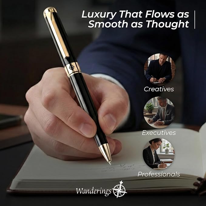 WANDERINGS Premium Ballpoint Pen with German Ink – Perfectly Balanced Executive Pen with 24K Gold Plated – Piano Black - Includes a Schmidt Refill in a Giftable Presentation Case for Men or Women