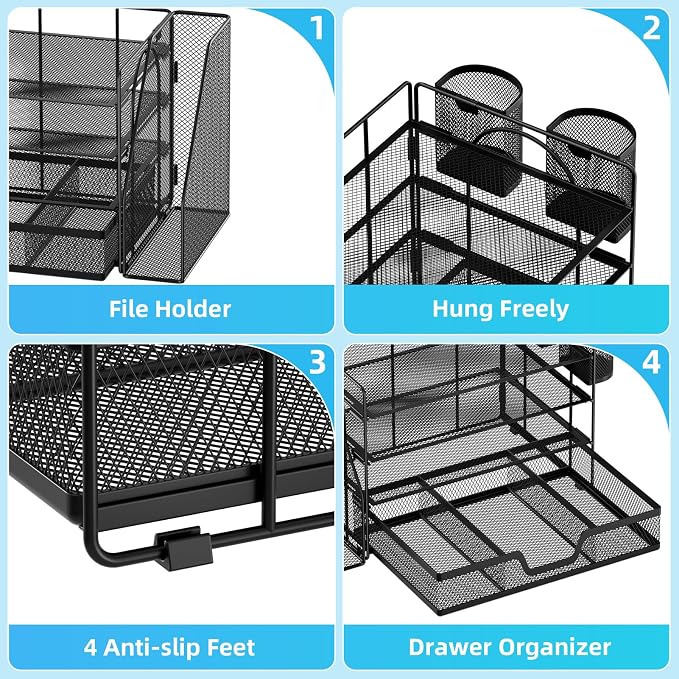Marbrasse 4-Tier Paper Tray Organizer with Drawer and Pen Holder, Black | Metal Mesh Desk Organizer, Built-in Drawer & 2 Pen Slots, fits letters/Files, for School Home Office Supplies