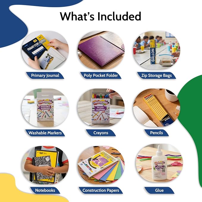 EPI Essentials Back to School Supplies for Kids – 54 Items in Kit – Kindergarten to 1st Grade School Supply Packs – Wide-Ruled Bundle with Composition Notebooks – Suitable for Homeschooling