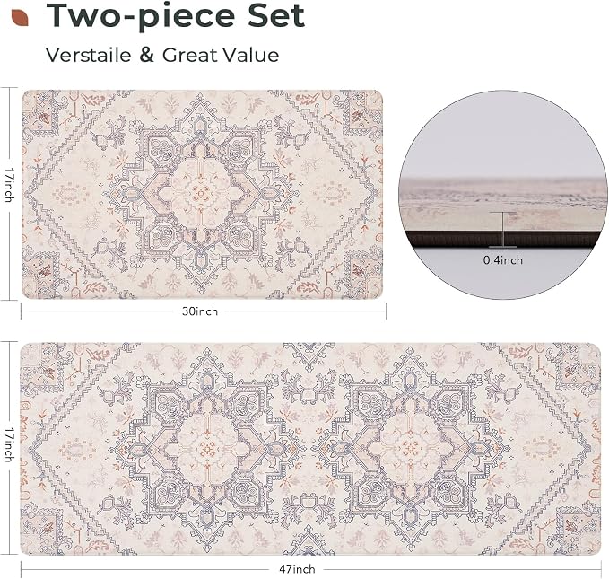 FRESHMINT Boho Kitchen Mat Set 2 Piece, 17x30''+17x47'', Natural Beige | Anti-Fatigue, Non Slip, Comfort, Kitchen Decor, Easy to Clean, Waterproof, Perfect for Kitchen, Laundry, Office
