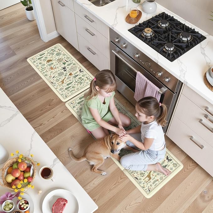 KIMODE Anti Fatigue Kitchen Mats for Floor,Cushioned Kitchen Rug Sets of 2 | Beige,Farmhouse Animal Forest Kitchen Rugs Non Slip,Memory Foam Padded Kitchen Standing Floor Mat for Laundry Sink Office