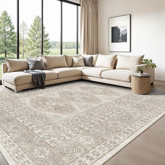 Washable Living Room Area Rug: 9x12 Large Super Soft Vintage Rugs Bedroom Oriental Indoor Rug Water Resistant Ultra Thin Carpet Non-Slip Backing Distressed Rugs for Kitchen (Beige, 9x12)