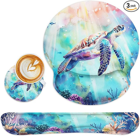 Britimes Sea Turtle Coral Reef Sea World Ergonomic Mouse Pad Set with Wrist Rest Non-Slip Rubber Base Wrist Cushion Support and Coasters Mousepad with Wrist Support for Computer Keyboard and Desk