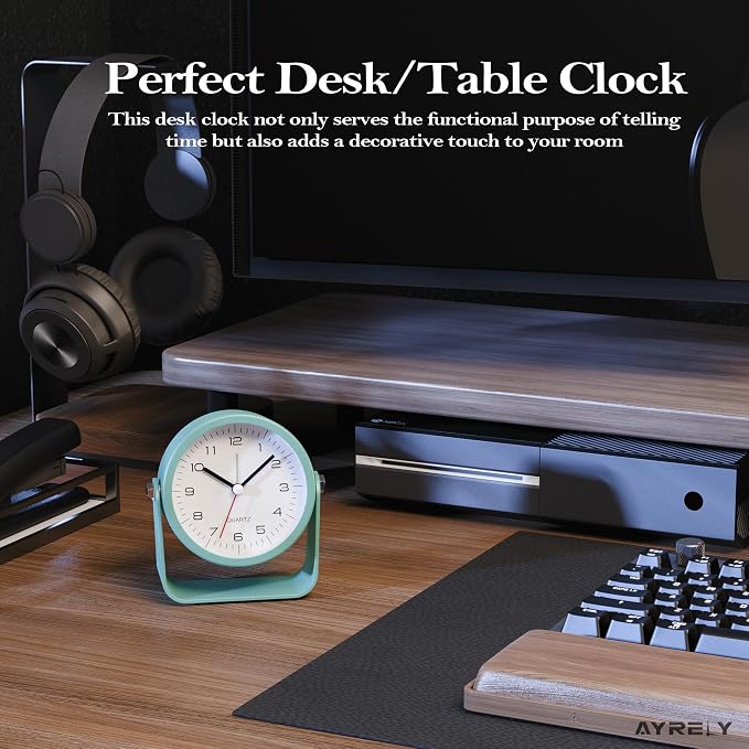 AYRELY® 3.5" Small Analog Travel Alarm Clock, Battery Operated Desk Clock | Cute Table Clock with Light, Adjustable Angle, Bedside, Bedrooms, Kids' Rooms and Living Room Decor (Light Blue)