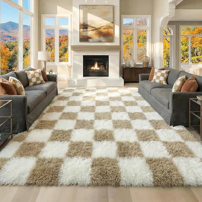 KICMOR Rugs for Living Room 7x10 Area Rug, Beige and Cream White Large Fluffy Shag Shaggy Fuzzy Checkered Bedroom Big Carpet, Soft Plush Rug for Kids Boys Girls Dorm Nursery Home Decor Aesthetic