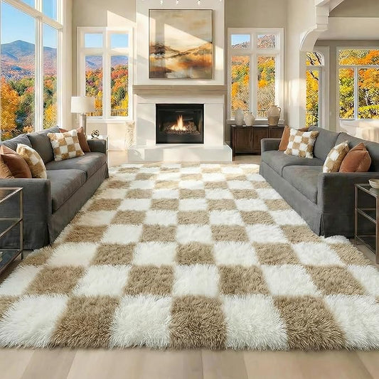 KICMOR Rugs for Living Room 7x10 Area Rug, Beige and Cream White Large Fluffy Shag Shaggy Fuzzy Checkered Bedroom Big Carpet, Soft Plush Rug for Kids Boys Girls Dorm Nursery Home Decor Aesthetic