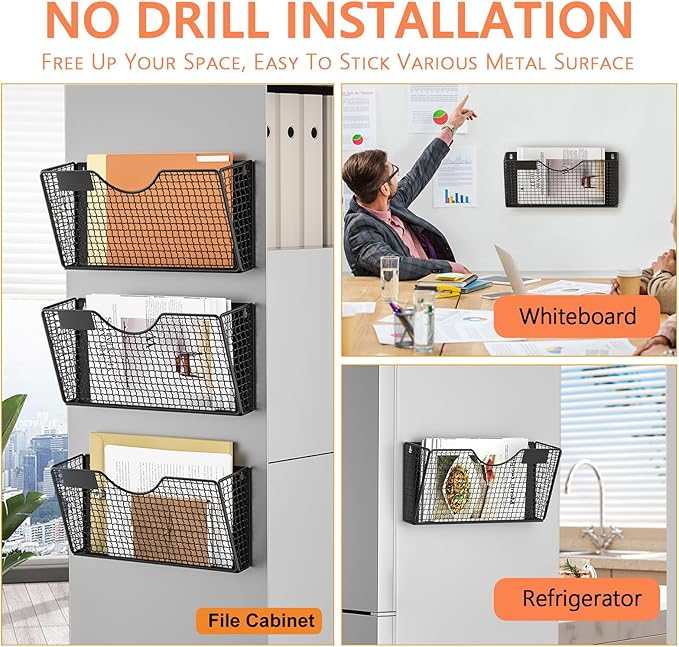 MFTEK Magnetic File Holder, 3 Pockets Magnetic File Folder Holder No Drilling Magnet Paper Mail Organizer Magazine Basket, Hanging Wall Storage Rack for Fridge Cabinets Office Classroom