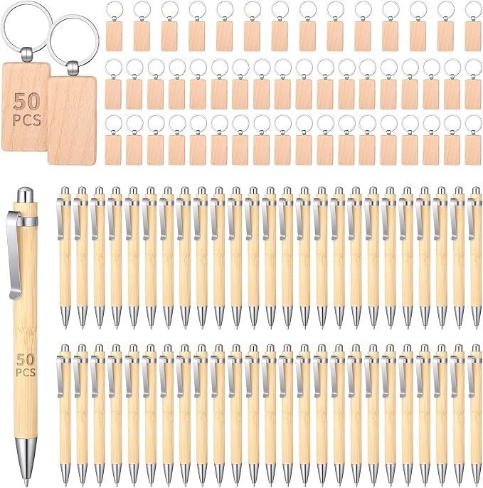 COMNICO 50 Pcs Bamboo Pens Bulk with 50 Pcs Blanks Wooden Keychain, Wooden Bamboo Pens Retractable Ballpoint Pen for Office School Teacher Student Notebook Notepads