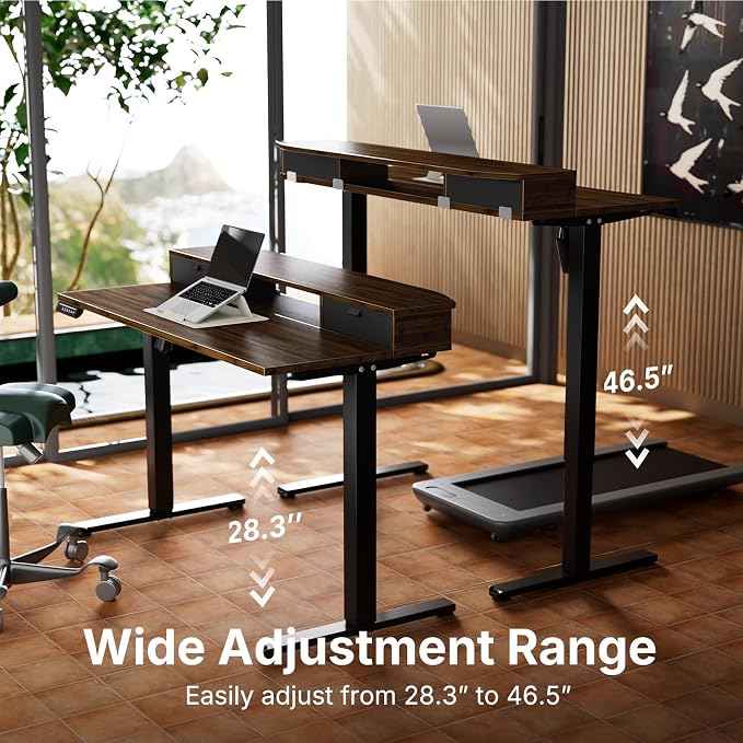 HUANUO 48 x 24 inch Small Electric Standing Desk with 2 Drawers, C-Clamp Mount Compatible, Height Adjustable Sit Stand Desk, Home Office Stand Up Desk with 4 Memory Height Settings, Walnut