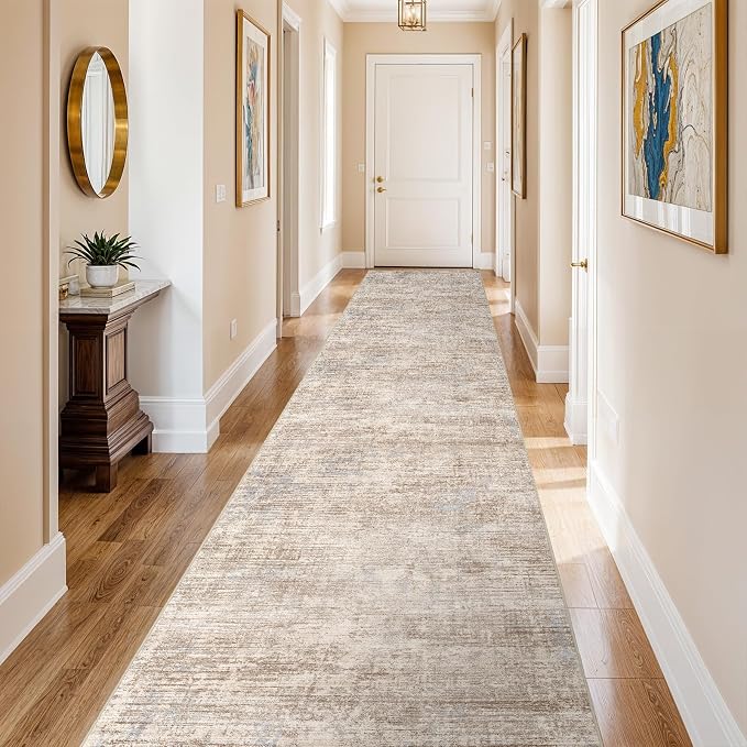 3x20 Hallway Washable Runner Rug - Non-Slip Kitchen Rugs with Rubber Backing Abstract Low-Pile Carpet Runners for Laundry Room Home Decor Bedroom Bathroom Entryway (Ivory Beige Distressed,3x20)