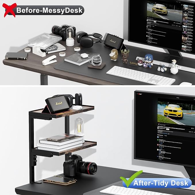 Spacrea clamp on Desk Shelf, 2 Tier Office Desk Shelves Organizer, Wood Desktop Supplies Storage Rack, Desk Organizers and Accessories (Wood)