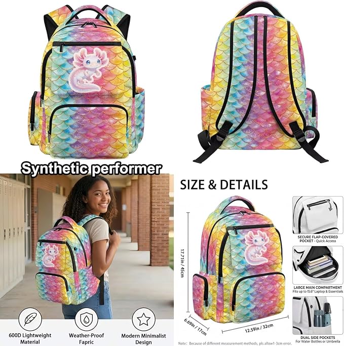 WELLFLYHOM Axolotl Scales Multi Pockets Backpack for School Kids Girls Junior High Middle School 17 Inch Book Bag with Insulated Lunch Bag Cute Pencil Case Water Bottle