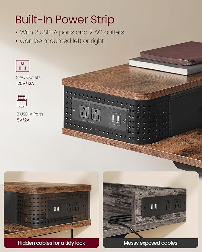 VASAGLE Electric Standing Desk with Drawers, Sit Stand Desk with Built-in Power Strip, Adjustable Height, 55.1 x 23.6 Inches, 2 Hooks, Memory Function, for Home Office, Rustic Brown ULSD184KD01