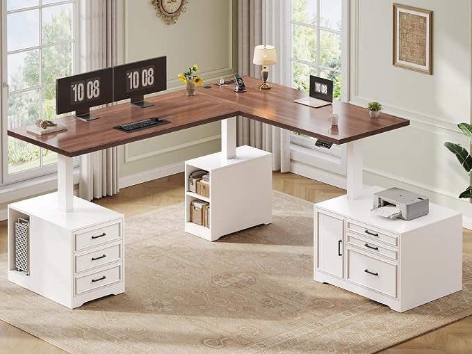SEDETA Farmhouse L Shaped Electric Standing Desk with File Cabinet, 77 x 55'' Height Adjustable Home Office Computer Desk with 6 Drawers, Power Outlet, Sit Stand Desk, White