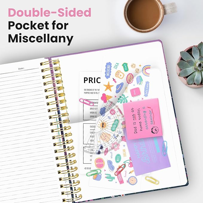 Large Spiral Lined Notebooks for Work with Removable Dividers & Tabs, 8.5"x11" Pretty Hardcover 5 Subject Notebook Journal for Women, College Ruled, Perfect for Study & Office Organization, 280 Pages, Twilight Bloom