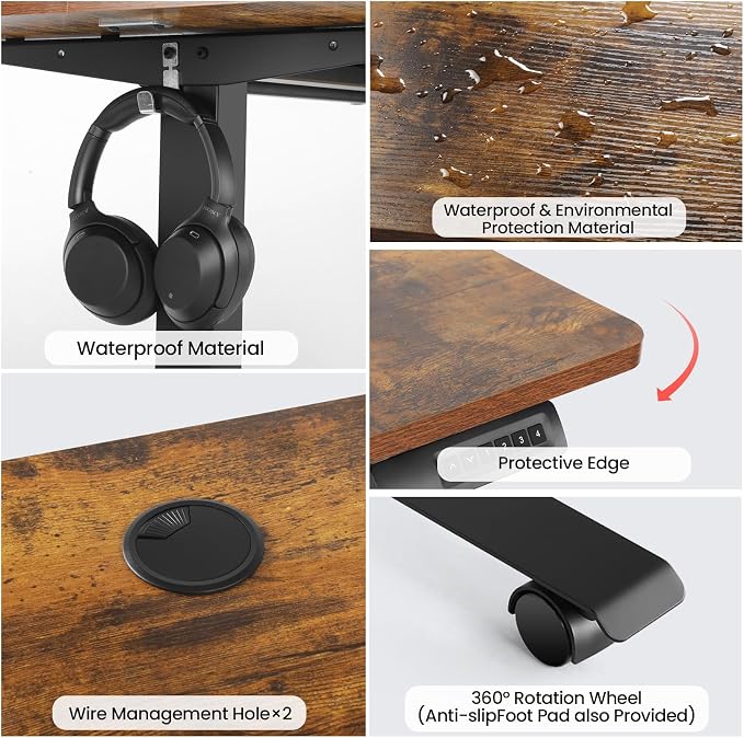 Electric Standing Desk 63 x 24 Inches Adjustable Height Ergonomic Sit Stand Up Curved Desk for Home Office Computer Desk Memory Preset with Wheels and Black Frame/Brown Top