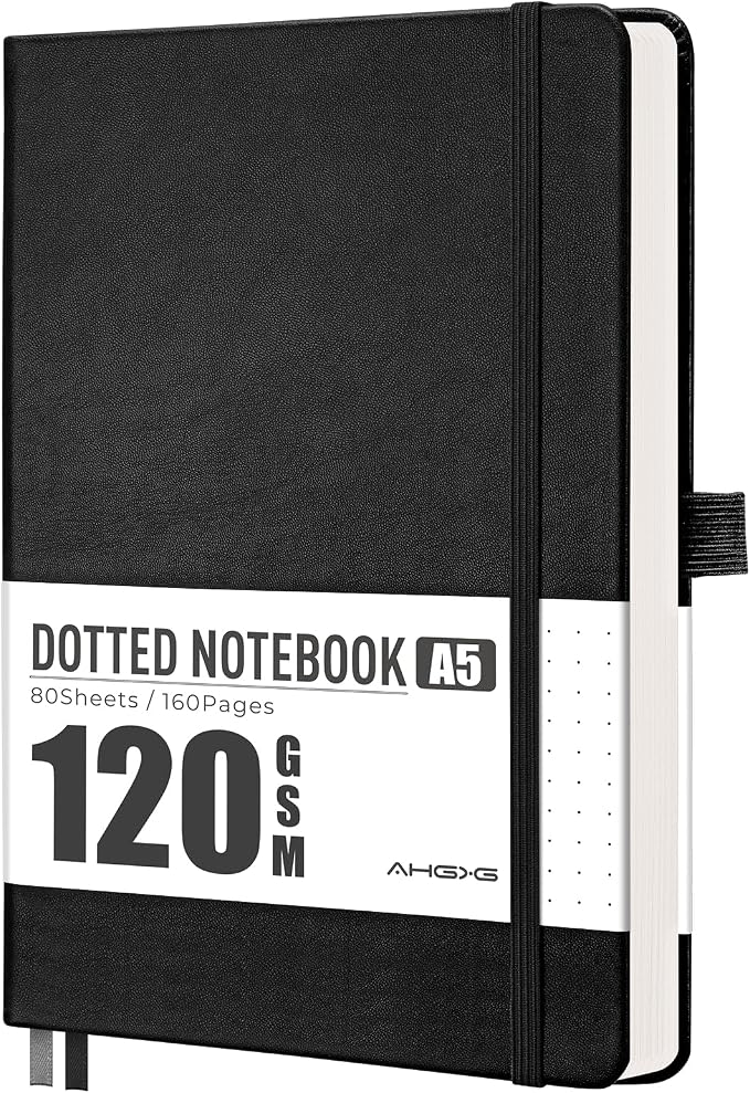 AHGXG Dotted Journal Notebook, 160 Numbered Pages, A5 Medium Size (5.7'' x 8.3''), 120 GSM Thick Paper, Leather Hardcover, for Journaling, Planning, Tracking (Black)