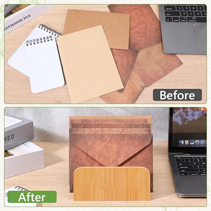 2Pcs Desk Mail Organizer with Divider, Bamboo File Holders, Vertical Letter Sorter for Desktop, Countertop Paper Organizer, 5 Compartments Envelope Holders for Bill, Document, Notebook
