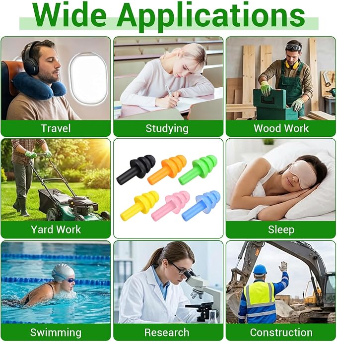 Silicone Ear Plugs, 120 Pairs, 6 Colors | Reusable, Hearing Protection, Noise Reduction, For Sleeping Study Swimming Construction