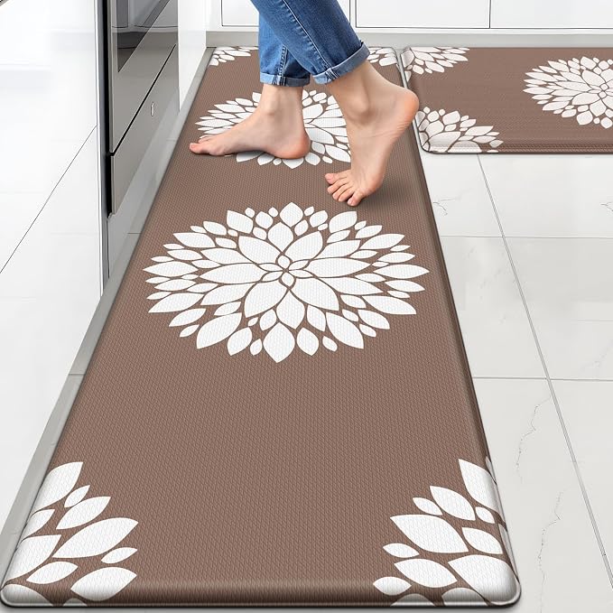 2PCS Kitchen Mats for Floor, Anti Fatigue Non-slip Larger Khaki Rug | Soft Kitchen Rugs for Home, Cushioned Standing Desk Mat, Comfort Mat for Office, Sink, Laundry, 17.3" x 59" + 17.3" x 30"