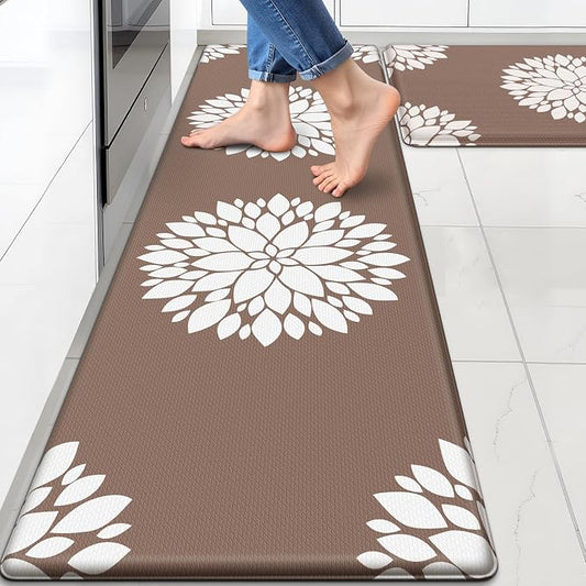 2PCS Kitchen Mats for Floor, Anti Fatigue Non-slip Larger Khaki Rug | Soft Kitchen Rugs for Home, Cushioned Standing Desk Mat, Comfort Mat for Office, Sink, Laundry, 17.3" x 59" + 17.3" x 30"