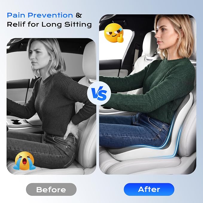 Coverado [Upgraded] Car Seat Cushion and Lumbar Support Pillow One Piece, Memory Foam Ergonomic Back Support Driving Seat Cushion for Back Pain, Non-Slip Washable Cushion for Car, Driver, Office