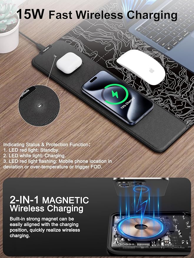 TopMade Mouse Pad with 15W Fast Wireless Charging, 31.5"x15.75" XXL Large Gaming Waterproof Desk Pad, Computer Desk Mat, Black Topographic Map #3 (Includes 20W PD Power Adapter & 6.56ft Woven Cable)