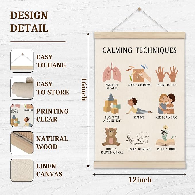 DOI-LANEE Mental Health Posters Hanger Frame, Educational Boho Classroom Poster 16x12 Inch, Calming Corner Wall Art, Therapy Office Decor, Homeschool Decoration, Calming Techniques Hanging Frame