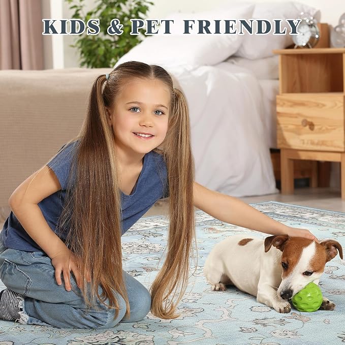 Light Blue Washable Boho Area Rug for Bedroom, 3x5 Vintage Floral Non Slip Living Room Rugs, Wool Low Pile Indoor Mat, Aesthetic Pattern Carpet for Kids Room, Kitchen and Bedside