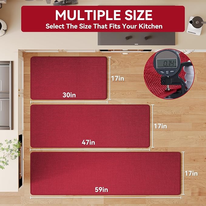 YDKGL Kitchen Rugs and Mats Non Skid Washable Set of 2 PCS, Absorbent Runner Rugs for Kitchen, Front of Sink, Kitchen Mats for Floor, Red 17x30+17x47